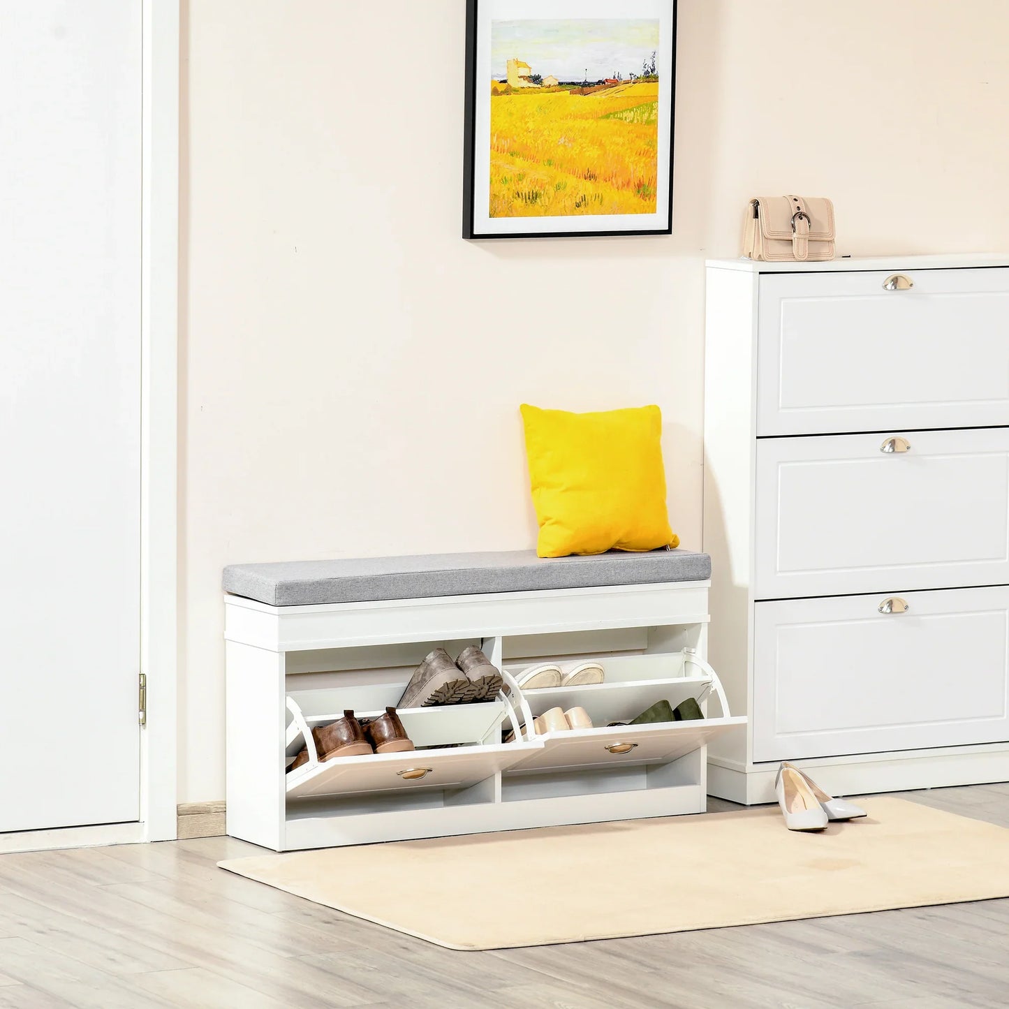 HOMCOM Schuhbank Schuhaufbewahrung für 8 Paare Schuhe mit 2 Schubladen, verstellbaren Regalen und gepolstertem Sitzkissen für Eingangsbereich Flur 104x24x55 cm Weiß