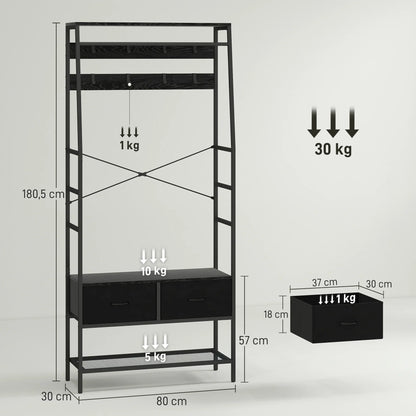 HOMCOM Garderobenständer, Kleiderstange mit Schuhregal, 2 Stoffschubladen, Garderobe mit 8 Haken, Regal, Garderobenständer mit Kippschutz, für Eingangsbereich, Flur, Schlafzimmer, Schwarz