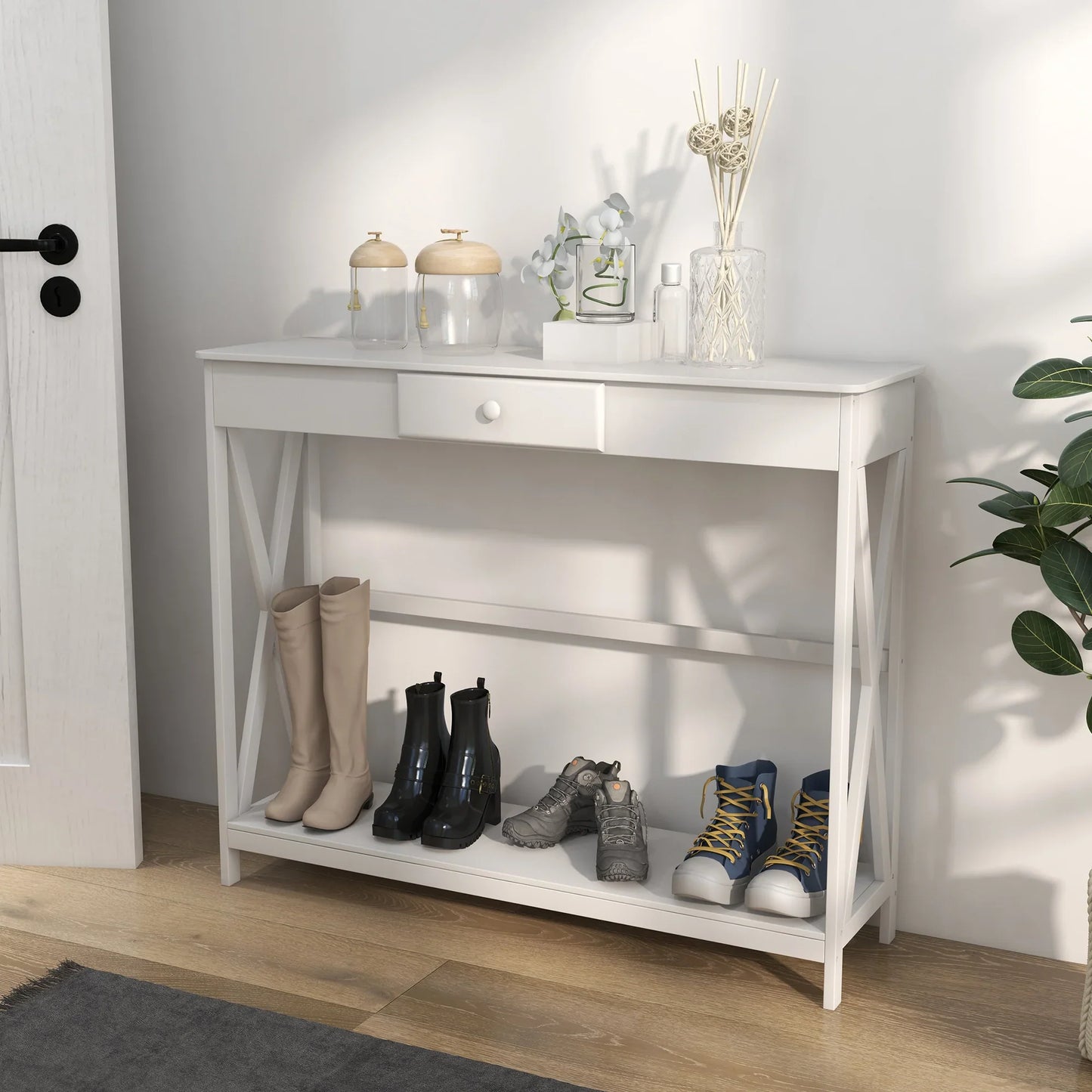 HOMCOM Console Table Wooden Hallway Table with 1 Drawer and 1 Shelf for Hallway and Living Room 100x30x81cm White
