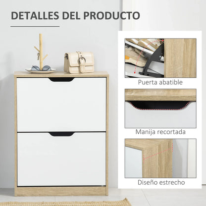 HOMCOM Schuhschrank aus Holz mit 2 Klapptüren und 4 Ablagefächern für 8 Paar Schuhe, für Flur, Diele, Schlafzimmer 62,5x26x81 cm, Weiß und Natur