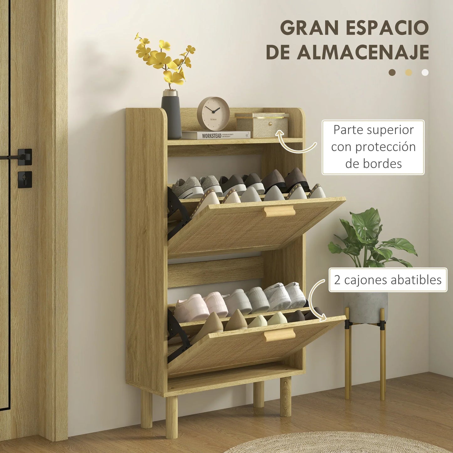 HOMCOM Shoe Cabinet for Entryway, Bohemian Style – Shoe Storage for 18 Pairs of Shoes with 2 Flip-Down Drawers and 1 Open Shelf – Narrow Shoe Rack for Hallway 80x24.5x110 cm Oak