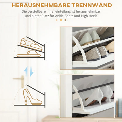 HOMCOM Schuhschrank mit 3 Klappen, Schuhregal, schmaler Schuhschrank mit verstellbarem Fach, Schuhschrank für 18 Paar Schuhe 72 x 26 x 112 cm, Weiß+Natur