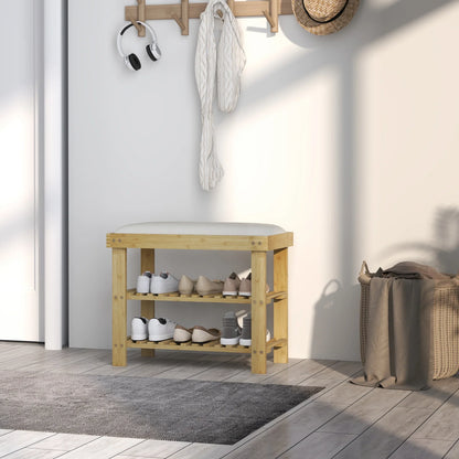 HOMCOM Schuhbank mit Sitzfläche, Bambus Sitzbank mit Stauraum, Schuhregal mit 2 offene Fächer, Sitzbank, Bank, Garderobenbank für Wohnzimmer, Flur, 60 x 29 x 49 cm Cremeweiß