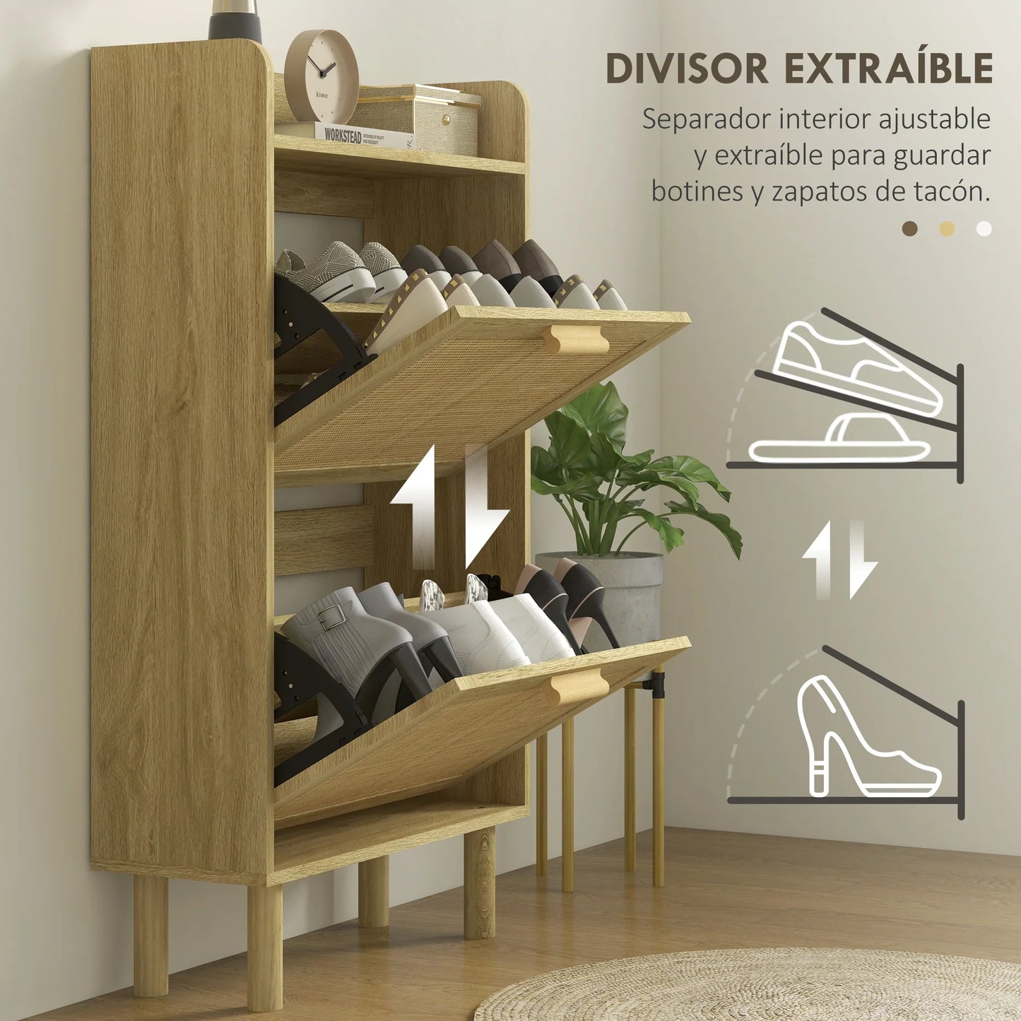 HOMCOM Shoe Cabinet for Entryway, Bohemian Style – Shoe Storage for 18 Pairs of Shoes with 2 Flip-Down Drawers and 1 Open Shelf – Narrow Shoe Rack for Hallway 80x24.5x110 cm Oak