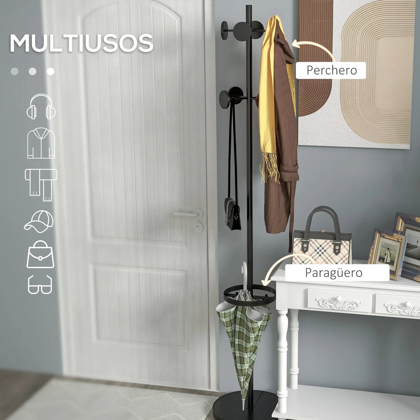 HOMCOM Freestanding Coat Rack with Umbrella Holder – Metal Coat Stand with 12 Hooks for Umbrellas and Bags, Tree Shape for Hallway, Entrance, Bedroom Ø34x177 cm Black