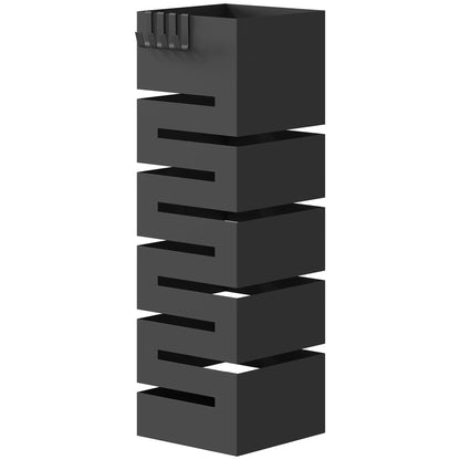 HOMCOM Metal Umbrella Stand, Square, with Removable Drip Tray & 4 Hooks, for Hallway, 15.5 x 15.5 x 49 cm, Black