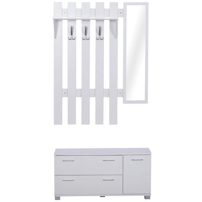 HOMCOM Eingangsset mit Spiegel, Garderobe und Schuhschrank – Eingangsbereich Möbel mit 3 Haken, Regal und 2 Schubladen für Diele in Weiß