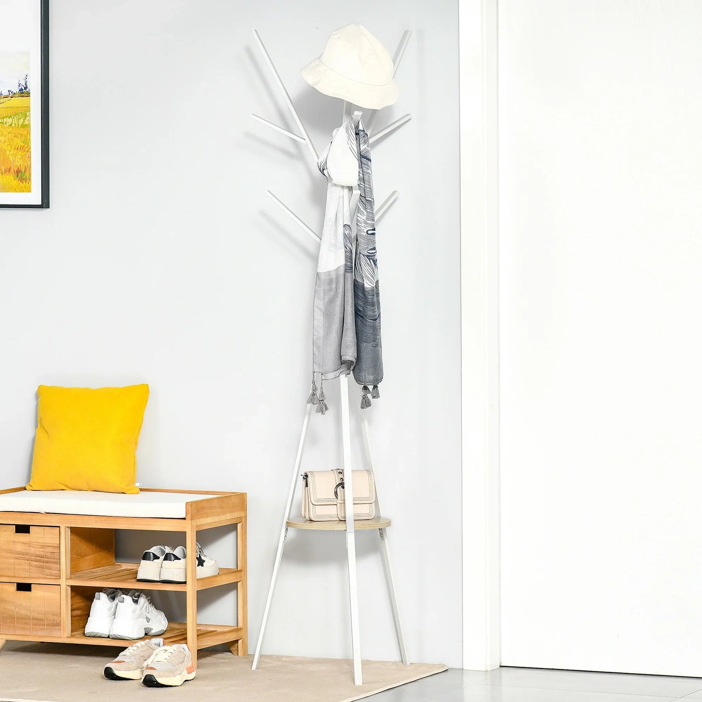 HOMCOM Garderobenständer, Hutständer mit 8 Haken, Kleiderständer mit Ablage, Standgarderobe für Kleidung, Hüte, Taschen, Metall, Weiß, 45 x 45 x 180 cm