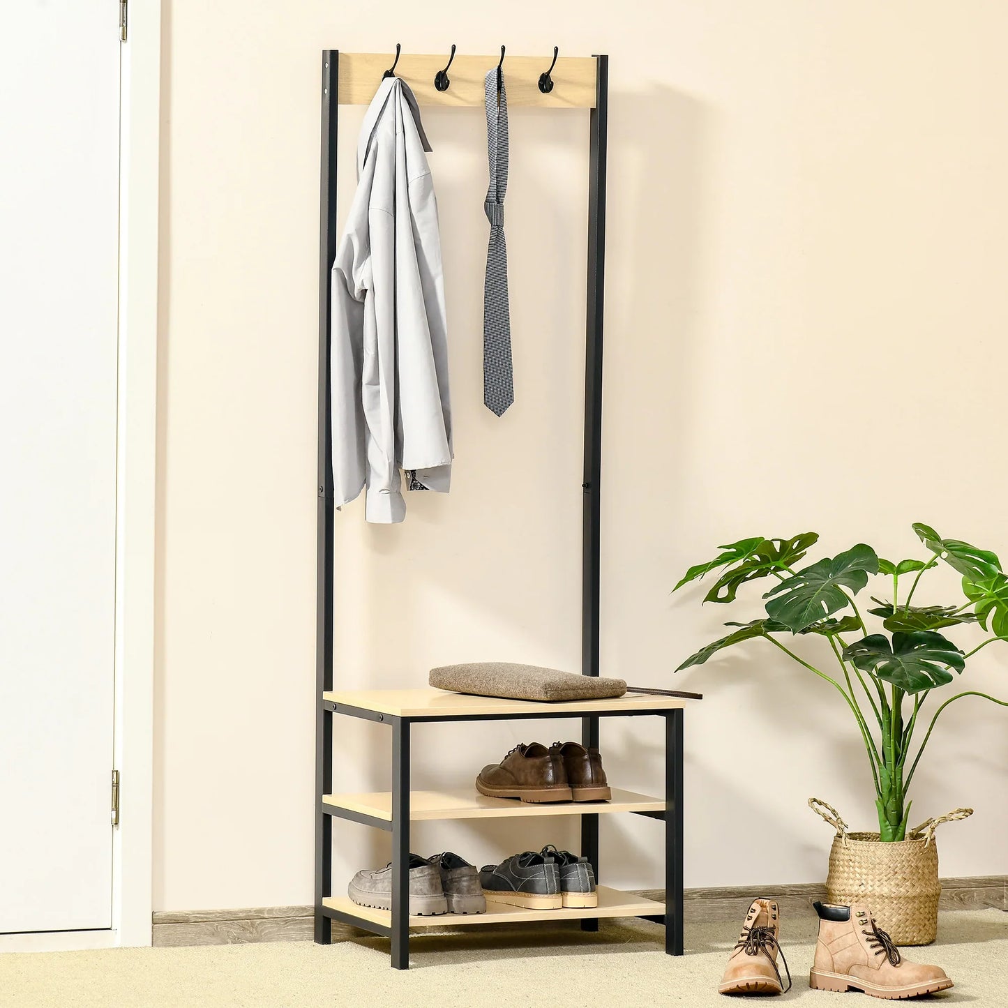 HOMCOM Coat Rack with Bench and Metal Shoe Rack with 3 Shelves and 4 Hooks for Hanging Clothes for Hallway/Entrance 60x40x175 cm Black and Natural