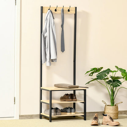 HOMCOM Coat Rack with Bench and Metal Shoe Rack with 3 Shelves and 4 Hooks for Hanging Clothes for Hallway/Entrance 60x40x175 cm Black and Natural