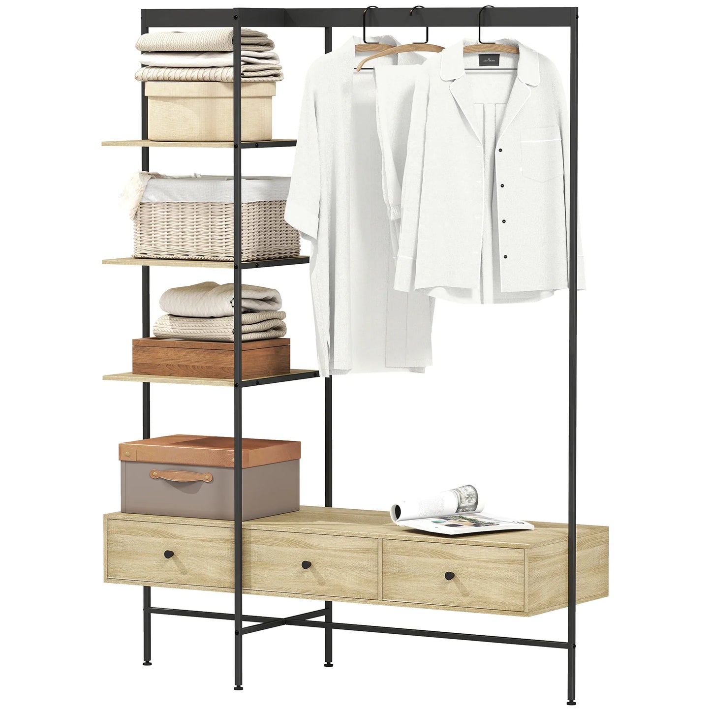HOMCOM 4-in-1 Freistehender Garderobenständer mit Ablagen, Schubladen & Kleiderstange – Eiche-Optik, Metallgestell, Kippschutz (H 180 cm)