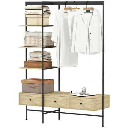 HOMCOM 4-in-1 Freistehender Garderobenständer mit Ablagen, Schubladen & Kleiderstange – Eiche-Optik, Metallgestell, Kippschutz (H 180 cm)
