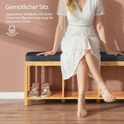 HOMCOM Bambus-Schuhbank mit gepolstertem Sitz und offener Ablage für Flur & Eingangsbereich, 102 x 33 x 45 cm, Naturholz