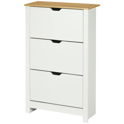 HOMCOM Schuhschrank mit 3 Klappen, Schuhregal, schmaler Schuhschrank mit verstellbarem Fach, Schuhschrank für 18 Paar Schuhe 72 x 26 x 112 cm, Weiß+Natur