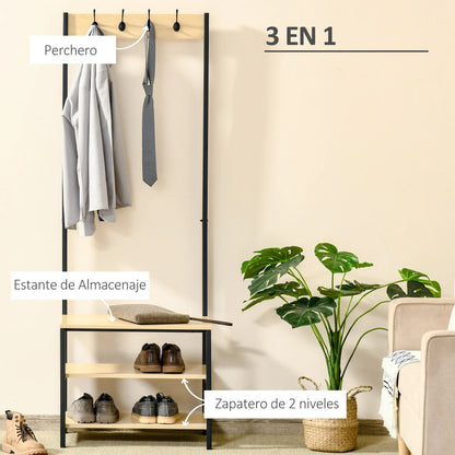 HOMCOM Coat Rack with Bench and Metal Shoe Rack with 3 Shelves and 4 Hooks for Hanging Clothes for Hallway/Entrance 60x40x175 cm Black and Natural