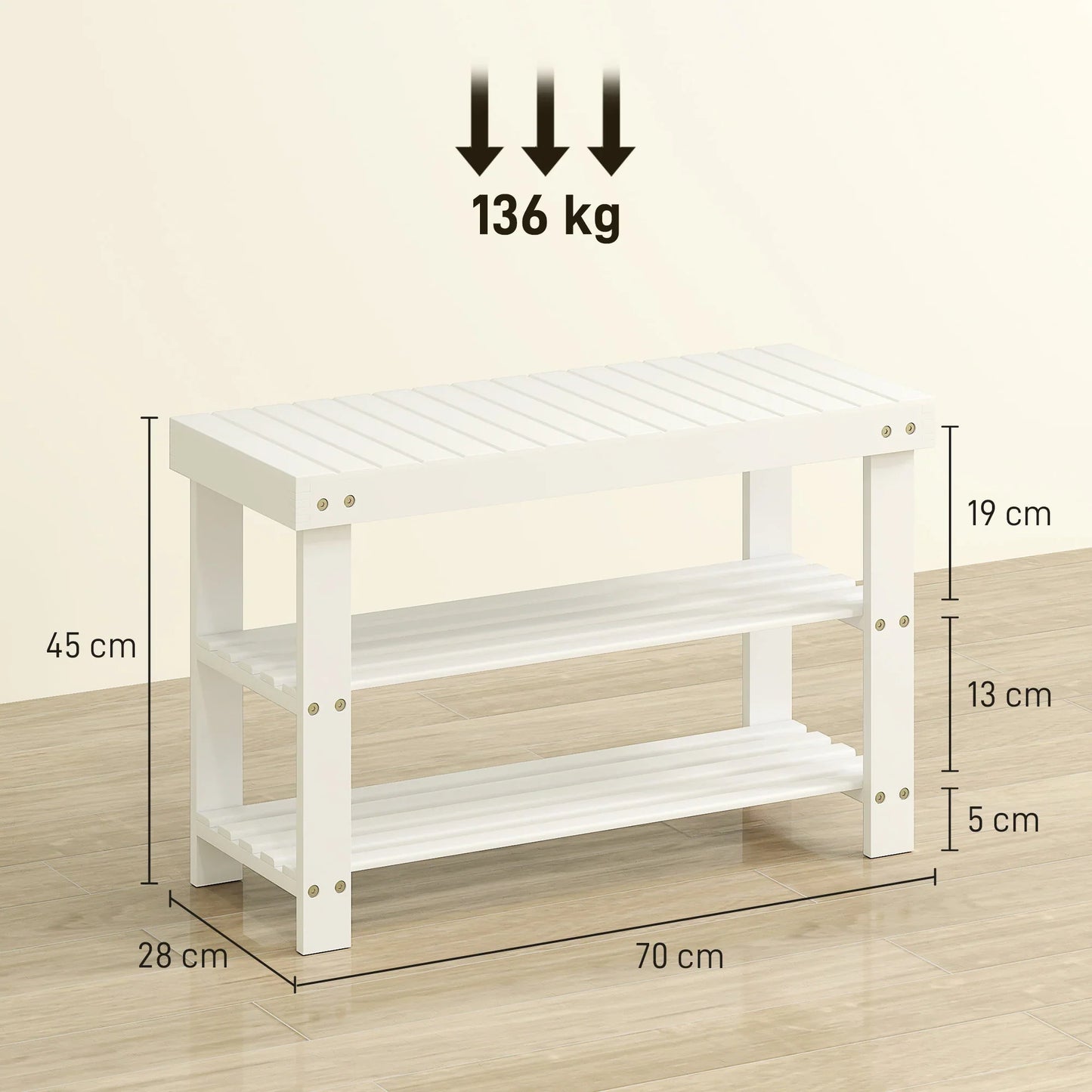 HOMCOM Bambus Schuhbank mit Sitzfläche, Schuhregal, 3-stufiger Schuhorganizer für 6 Paar Schuhe für Flur, Wohnzimmer, Schlafzimmer, 70x28x45 cm, Weiß