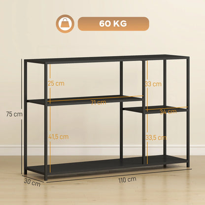 HOMCOM Konsolentisch Flurtisch mit 4 Regalen, Beistelltisch mit Stahlrahmen, Metallregal für kleine Räume, Eingangsbereich, Flur, Wohnzimmer, 110 x 30 x 75 cm Schwarz