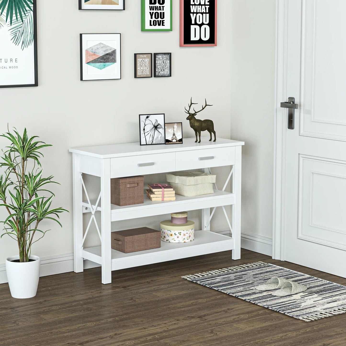HOMCOM Konsolentisch Flurtisch mit 2 Schubladen und unteren Ablagen Moderner Stil Metallrahmen 105x40x76 cm Weiß