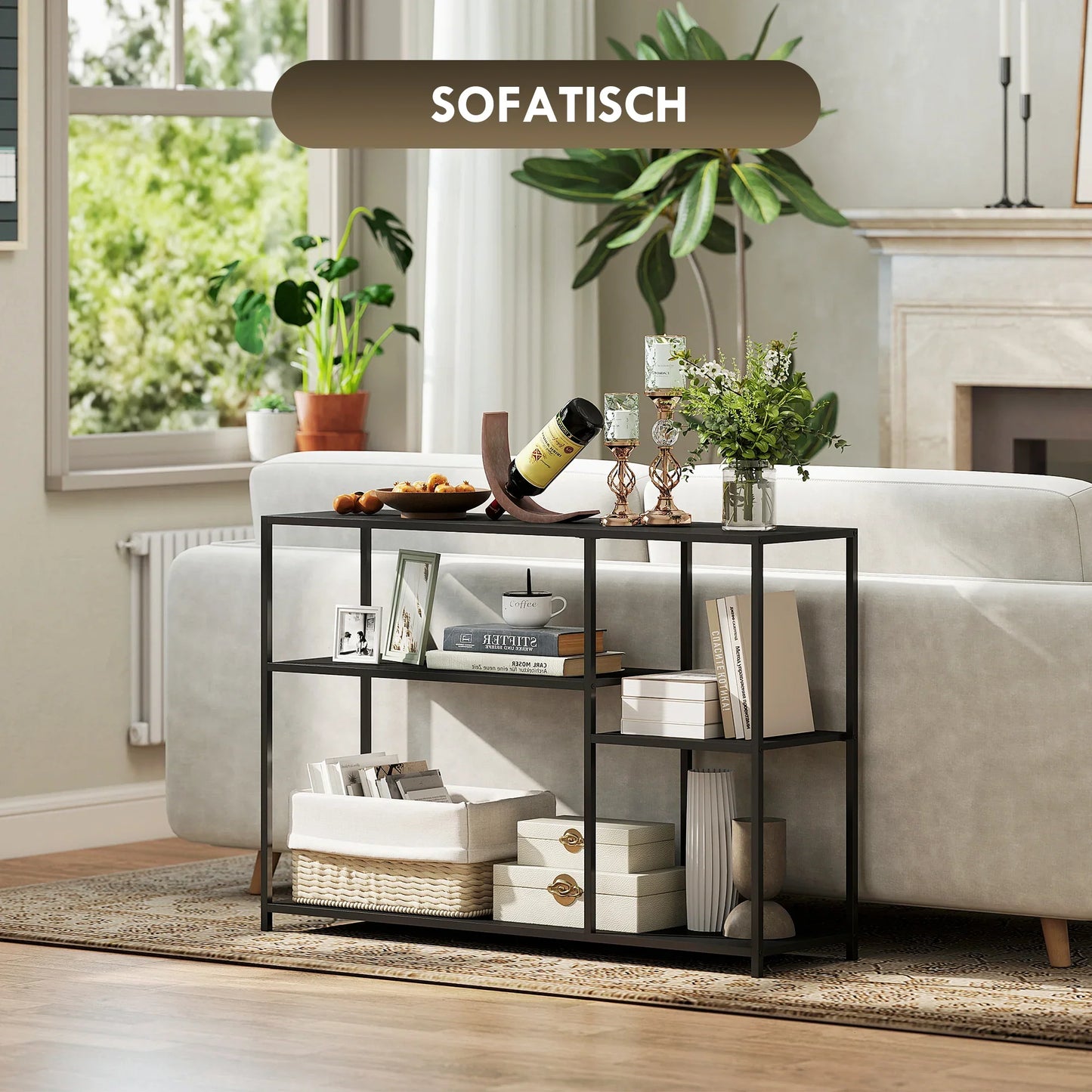 HOMCOM Konsolentisch Flurtisch mit 4 Regalen, Beistelltisch mit Stahlrahmen, Metallregal für kleine Räume, Eingangsbereich, Flur, Wohnzimmer, 110 x 30 x 75 cm Schwarz