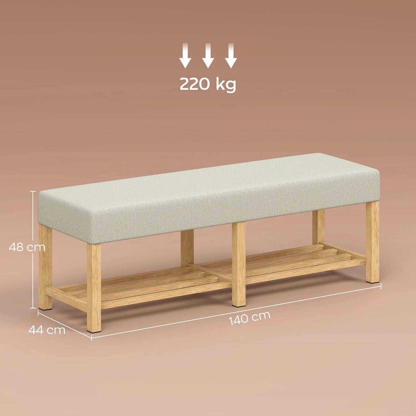 HOMCOM Schuhbank — Moderner Flurbank mit gepolstertem Sitz für 2 Personen, offene Schuhablage, Kautschukbaumholz, für Flur, Diele, Wohnzimmer, 140 x 44 x 48 cm, Creme & Naturholz