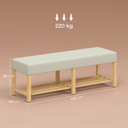 HOMCOM Schuhbank — Moderner Flurbank mit gepolstertem Sitz für 2 Personen, offene Schuhablage, Kautschukbaumholz, für Flur, Diele, Wohnzimmer, 140 x 44 x 48 cm, Creme & Naturholz