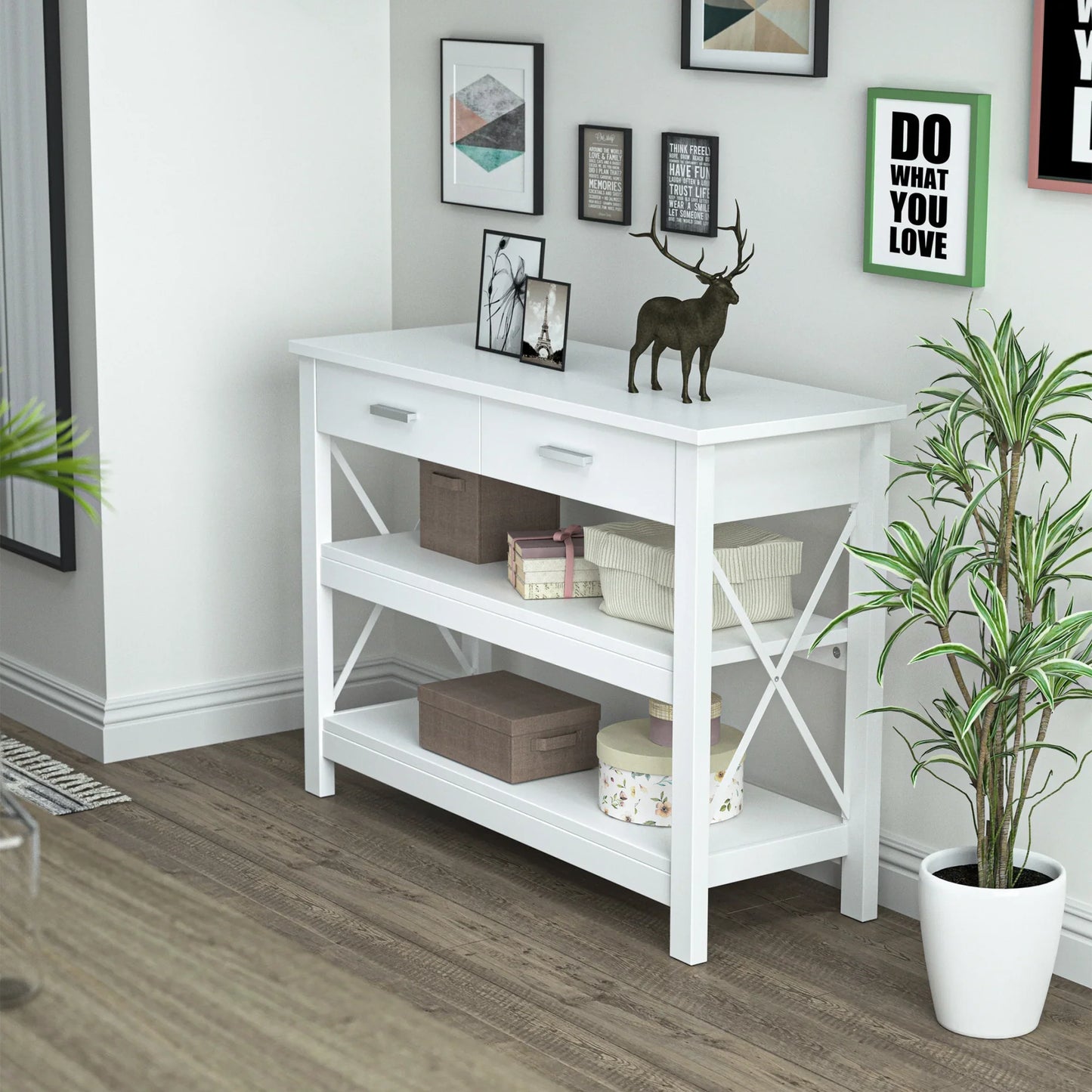 HOMCOM Konsolentisch Flurtisch mit 2 Schubladen und unteren Ablagen Moderner Stil Metallrahmen 105x40x76 cm Weiß