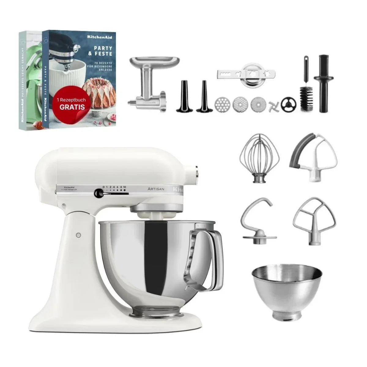 KitchenAid 4,8 L 5KSM175 Artisan Küchenmaschine Meatlover mit Ganzmetall-Fleischwolf und Spritzgebäckvorsatz