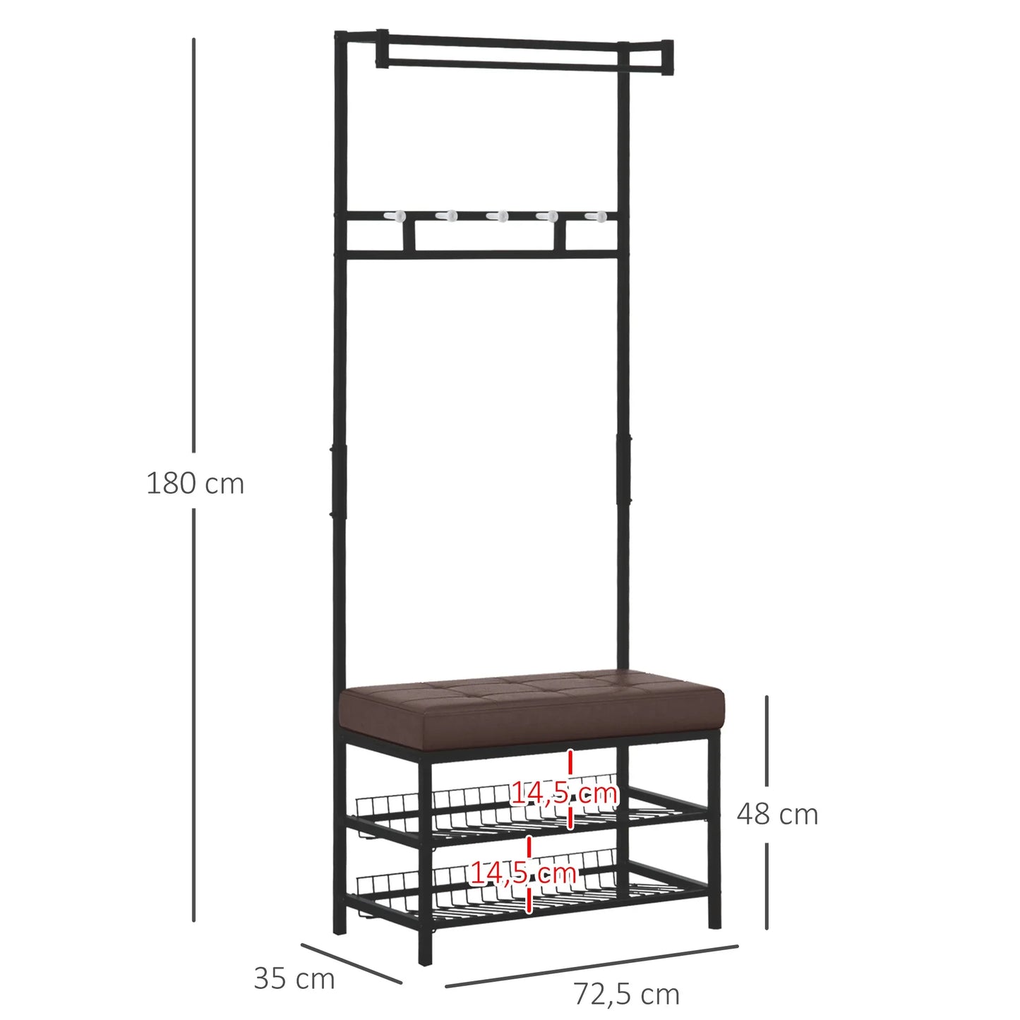 HOMCOM Garderobenständer mit 5 Haken und Schuhbank mit 2 Ebenen, Metallkleiderständer für Flur, Schlafzimmer, 72,5 x 35 x 180 cm