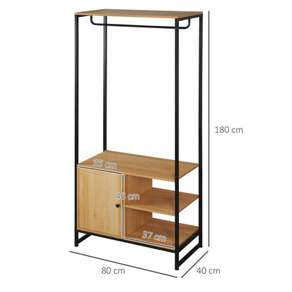 HOMCOM Kleiderständer aus Stahl und Holz im Industrie-Stil, Schrank mit Einlegeboden und 2 offenen Seitenfächern, 80x40x180cm, Natur