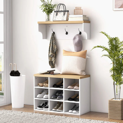 HOMCOM Garderobenständer und Schuhbank 2 in 1 Eingangsbereich Möbel mit 3 Haken und Regalen für 9 Paar Schuhe 75x30x50 cm und 75x20x22,5 cm Weiß