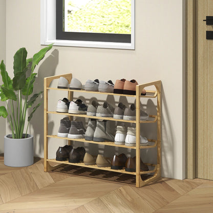 HOMCOM Schuhregal, Schuhständer mit 4 Ebenen aus Bambus, für max. 12 Paar Schuhe, Schuhregal mit Griff für Flur, Schlafzimmer, 76 x 33 x 67 cm, Natur
