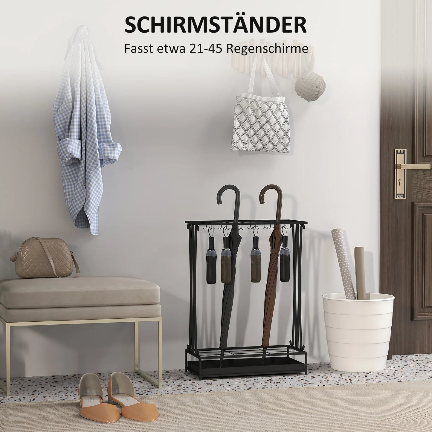 HOMCOM Regenschirmständer aus Stahl Rechteckiger Regenschirmhalter mit 24 Haken, 21 Öffnungen, Abnehmbarer Wassertropfschale für Gehstöcke & Regenschirme 50 x 24 x 68 cm Schwarz