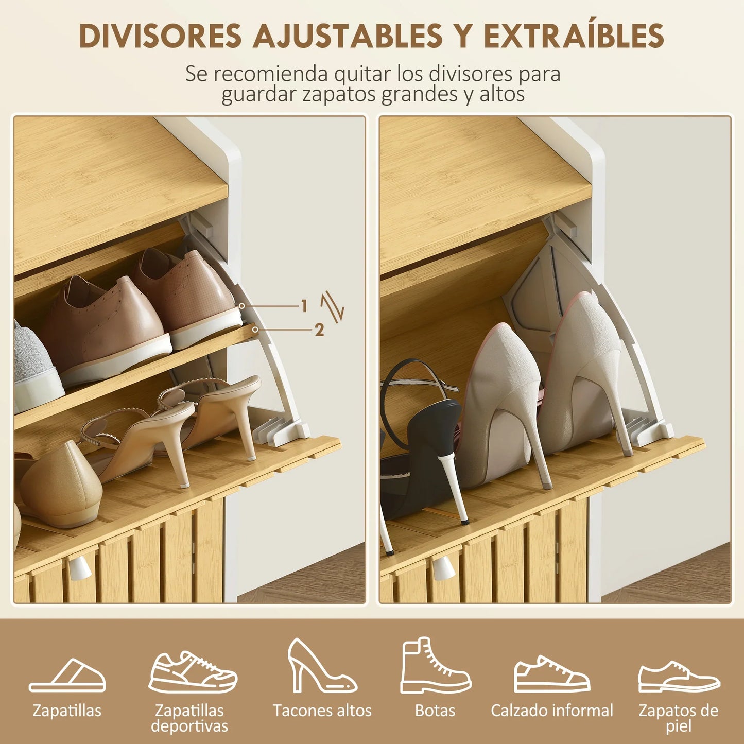 HOMCOM Slim Shoe Cabinet with 2 Bamboo Doors and Adjustable Shelves for 12 Pairs of Shoes 60x24x82.5 cm White and Natural