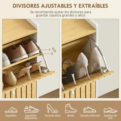 HOMCOM Slim Shoe Cabinet with 2 Bamboo Doors and Adjustable Shelves for 12 Pairs of Shoes 60x24x82.5 cm White and Natural
