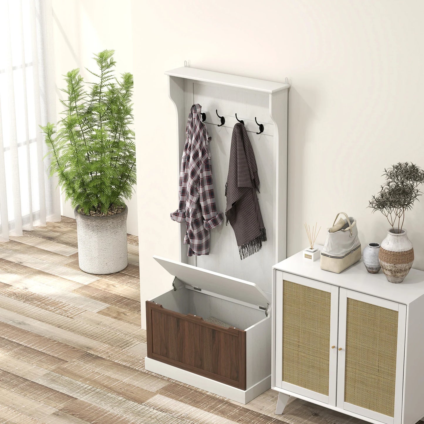 HOMCOM 3-in-1 Garderobenständer mit Schuhbank, platzsparender Standgarderobe mit 4 Haken und Ablagebank, MDF, für Flur, Schlafzimmer, 71,5x39,5x170 cm, Weiß und Braun
