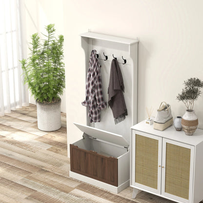 HOMCOM 3-in-1 Garderobenständer mit Schuhbank, platzsparender Standgarderobe mit 4 Haken und Ablagebank, MDF, für Flur, Schlafzimmer, 71,5x39,5x170 cm, Weiß und Braun