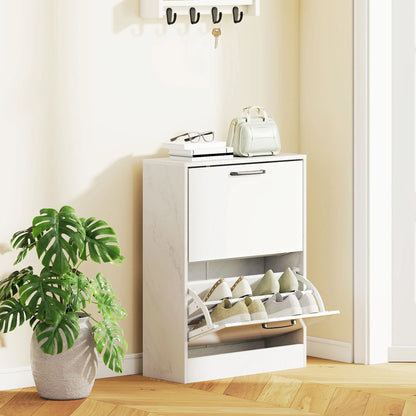 HOMCOM Schmaler Schuhschrank mit 2 Hochglanz-Klapptüren, verstellbaren Einlegeböden, Marmor-Design, für bis zu 8 Paar – Weiß (60 x 24 x 80 cm)