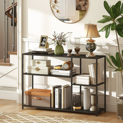 HOMCOM Konsolentisch Flurtisch mit 4 Regalen, Beistelltisch mit Stahlrahmen, Metallregal für kleine Räume, Eingangsbereich, Flur, Wohnzimmer, 110 x 30 x 75 cm Schwarz