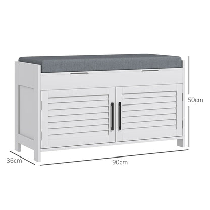 HOMCOM Schuhbank mit verstellbarem Innenregal in 3 Höhen, schlanke Schuhbank aus MDF mit Leinenbezug, 90x36x50 cm, Weiß und Grau