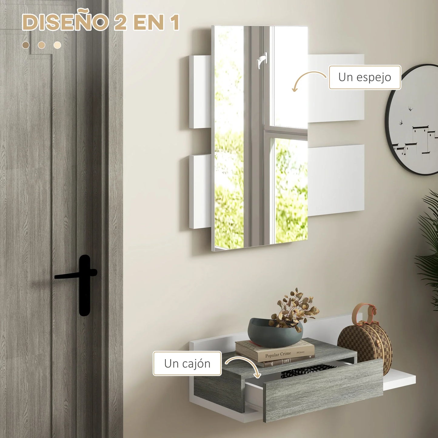 HOMCOM Flurmöbel-Set mit Spiegel und Konsole, Wandmontage, Modern, 75x3,5x75 cm und 75x30,5x20 cm, Grau und Weiß
