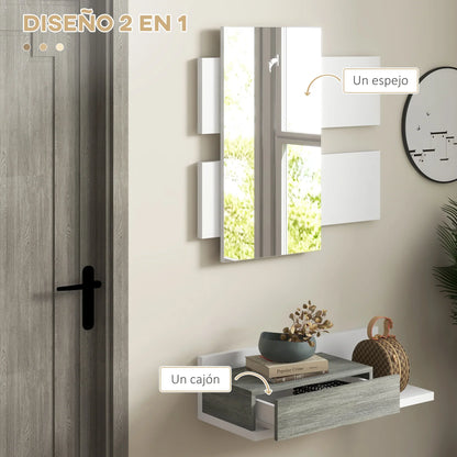 HOMCOM Flurmöbel-Set mit Spiegel und Konsole, Wandmontage, Modern, 75x3,5x75 cm und 75x30,5x20 cm, Grau und Weiß
