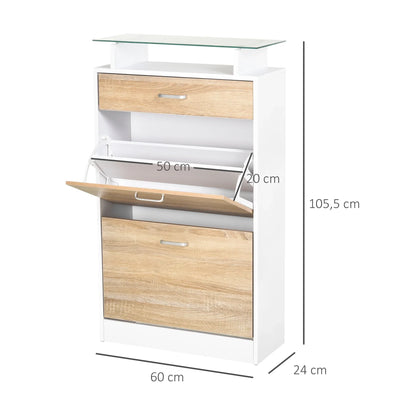 HOMCOM Schuhschrank mit 3 Schubladen, Glasablage und Aluminiumgriff für Flur, 50 kg Belastbarkeit, 60x24x105,5 cm - Natur