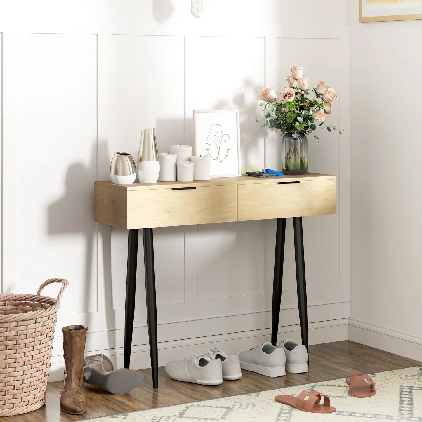 HOMCOM Console Table for Hallway with 2 Drawers and Steel Legs, 100x30x80.5 cm, Oak