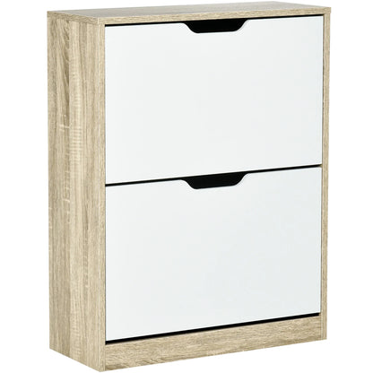 HOMCOM Schuhschrank aus Holz mit 2 Klapptüren und 4 Ablagefächern für 8 Paar Schuhe, für Flur, Diele, Schlafzimmer 62,5x26x81 cm, Weiß und Natur