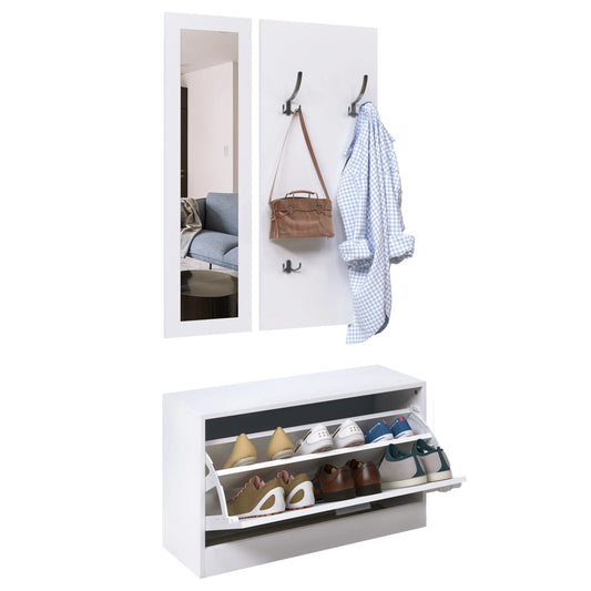 HOMCOM 3-teiliges Dielenmöbel-Set, Schuhschrank, Spiegel, Garderobe mit 4 Kleiderhaken, 80x27x46,5 cm, Weiß