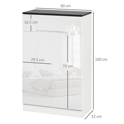 HOMCOM Slim Schuhschrank für bis zu 12 Paare Schuhe für Eingänge und Flure mit 3 verstellbaren Regalen und Schublade aus glänzendem Spanplattenwerkstoff, 60x32x100 cm