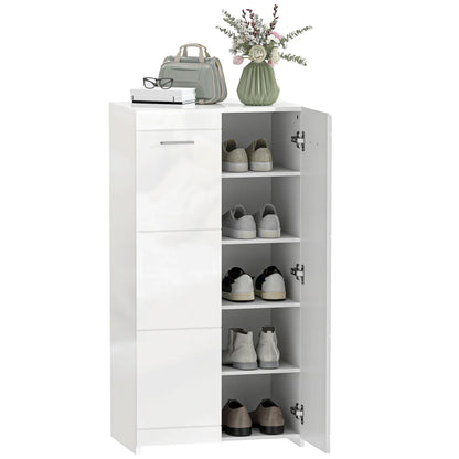 HOMCOM Schuhschrank, 2-türig, 5 Ablagen, verstellbare Einlegeböden, fasst 10 Paar, Hochglanzweiß, 55 x 36 x 108 cm