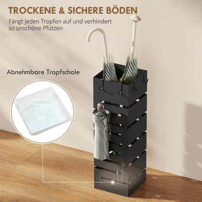 HOMCOM Metal Umbrella Stand, Square, with Removable Drip Tray & 4 Hooks, for Hallway, 15.5 x 15.5 x 49 cm, Black