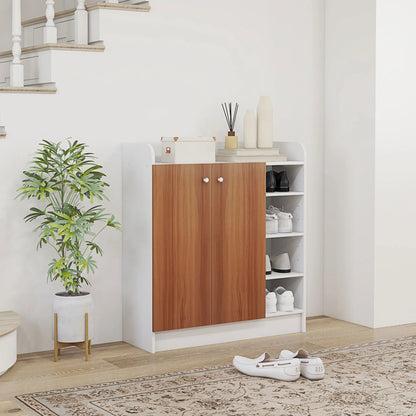 HOMCOM Schuhschrank mit 2 Türen – Schmaler Schuhregal mit verstellbaren Regalen für 12 Paar Schuhe – 83x30x90 cm Natur