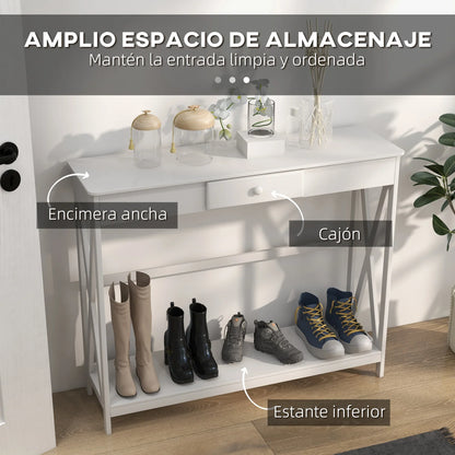 HOMCOM Console Table Wooden Hallway Table with 1 Drawer and 1 Shelf for Hallway and Living Room 100x30x81cm White